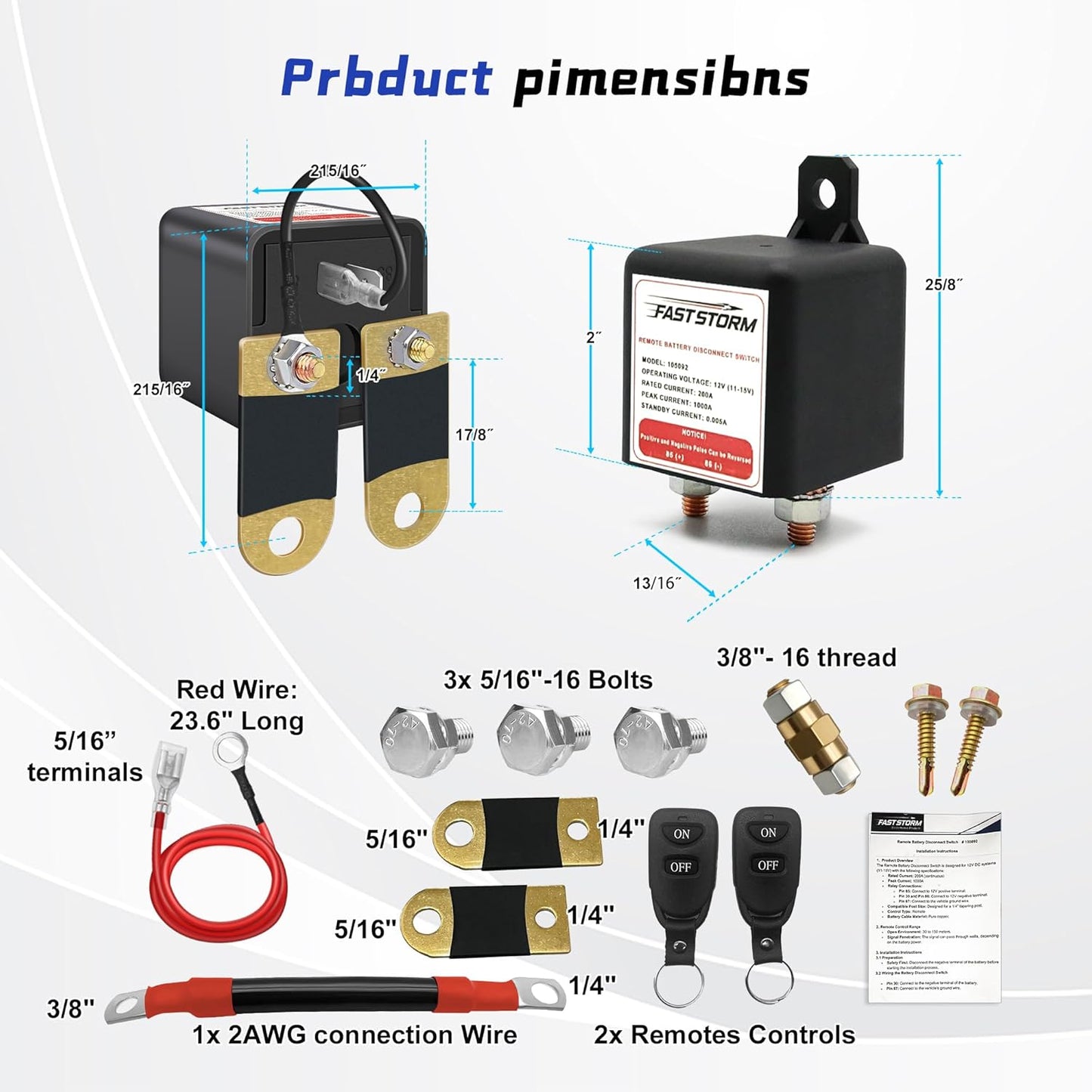 Side Post Remote Battery Disconnect Switch 12V 200A/1000A, Wireless Remote Control Heavy Duty Battery Kill Switch for Car, Truck, UTV, ATV, Marine, Anti-Theft