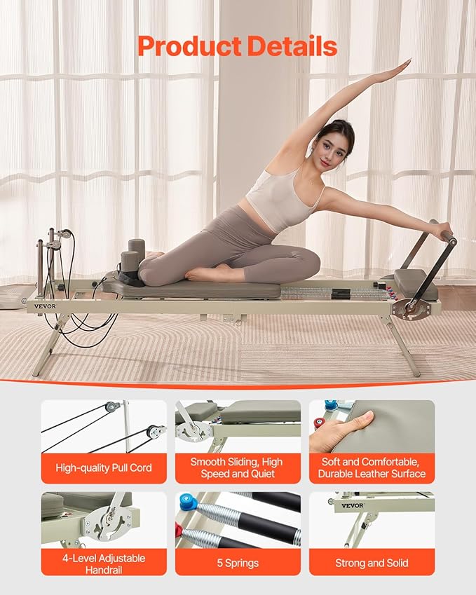 VEVOR Pilates Reformer Machine, Pilates Workout Equipment for Home Gym Studio Use, Pilates Bed with Dual Resistance- Spring & Cord, Reformer Set, Up to 400 LBS