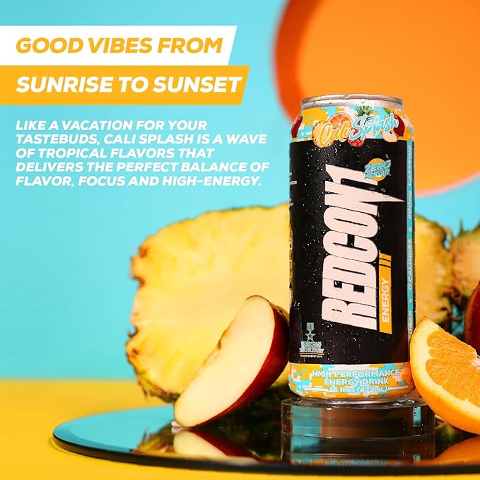 REDCON1 Energy High Performance Drink, Cali Splash - Zero Sugar Energy Drink with Alpha GPC Nootropic - 200mg of Natural Caffeine from Green Coffee Beans - Vitamin B6, B12 & B5 to Boost Mood (12 ct)