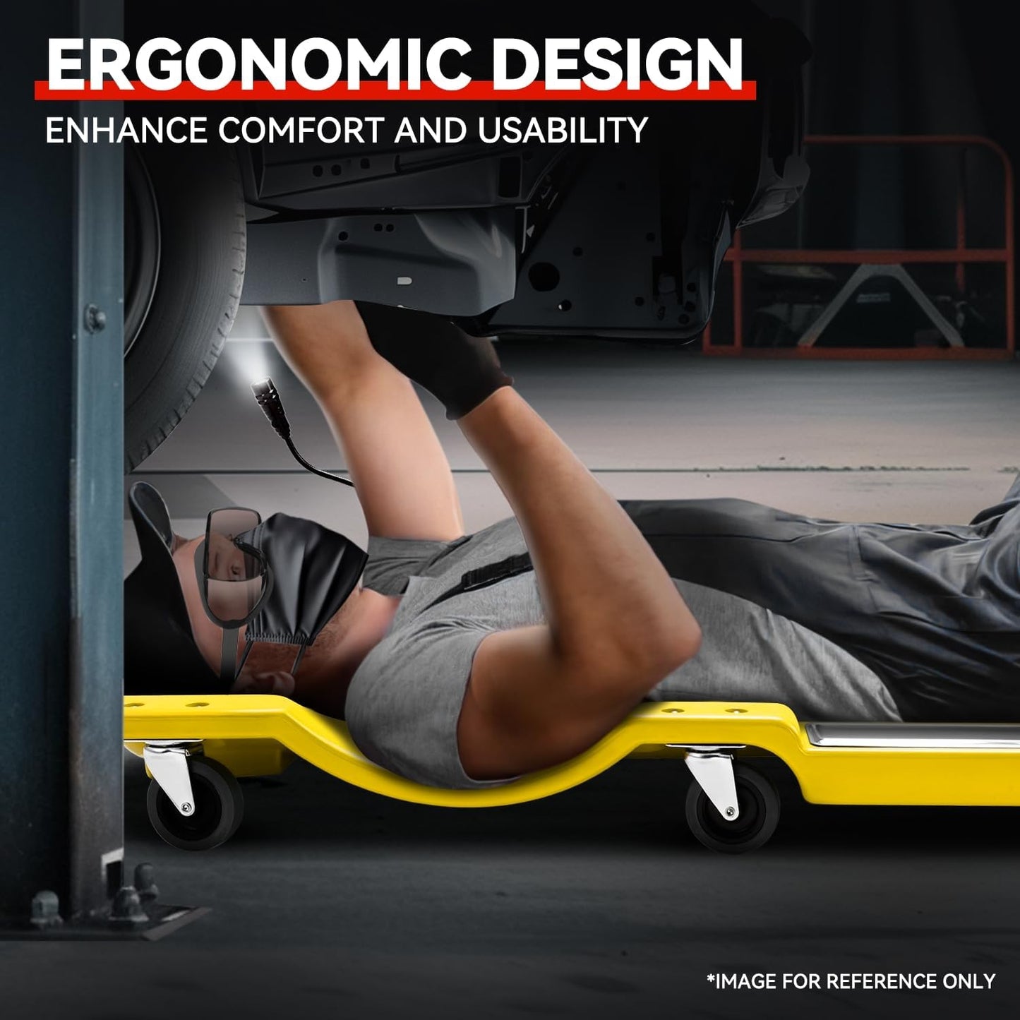 Auto Dynasty 40 Inches Mechanic Creeper, Automotive Garage Repair Low Profile Under Car Rolling Creeper with LED Light and Padded Headrest, Plastic, Yellow