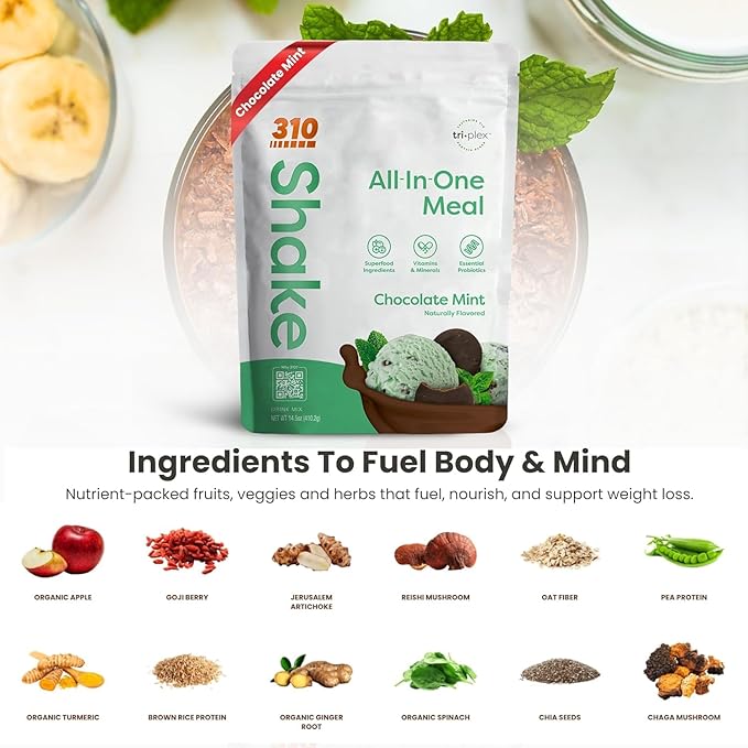 310 Nutrition All-In-One Meal Replacement Shake Powder - Plant-Based Protein Smoothie Blend w/High Fiber, Probiotics & Adaptogens - Low Carb, Vegan, Keto & Paleo Friendly - Chocolate Mint - 14 Srv