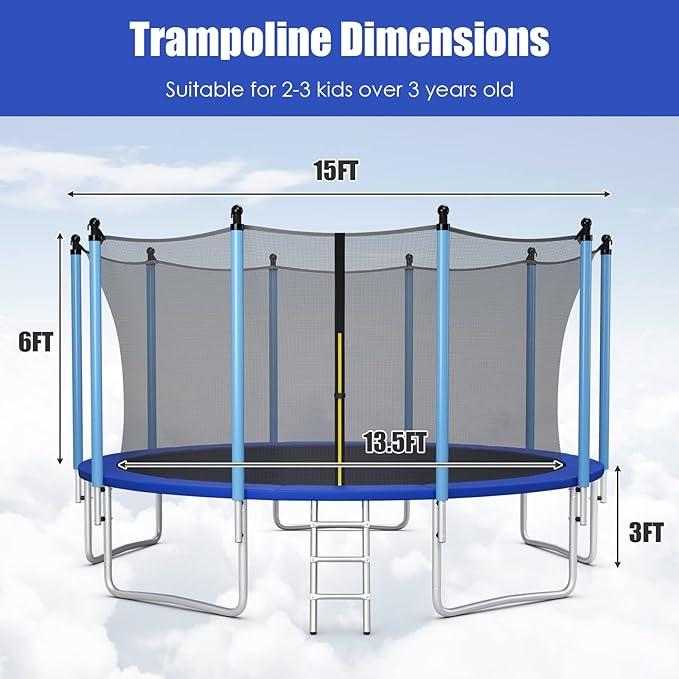 GYMAX Trampoline, 8FT 10FT 12FT 14FT 15FT 16FT Recreational Trampolines w/Safety Enclosure Net & Ladder - ASTM Certificated, Outdoor Trampoline for Kids and Adults