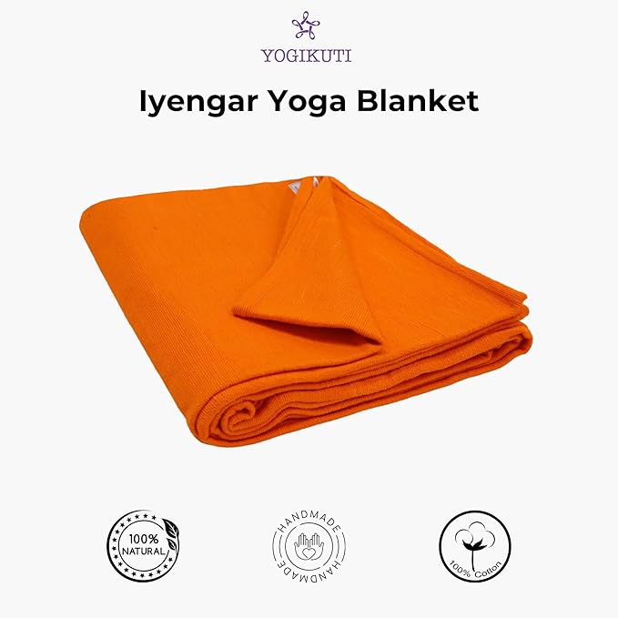 Yogikuti Iyengar Cotton Yoga Blanket Set of One – Thick Handwoven Yoga Blankets for Restorative Yoga, Meditation & Pranayama – Premium Cotton Yoga Blanket for Support & Comfort in Pranayama (Orange)