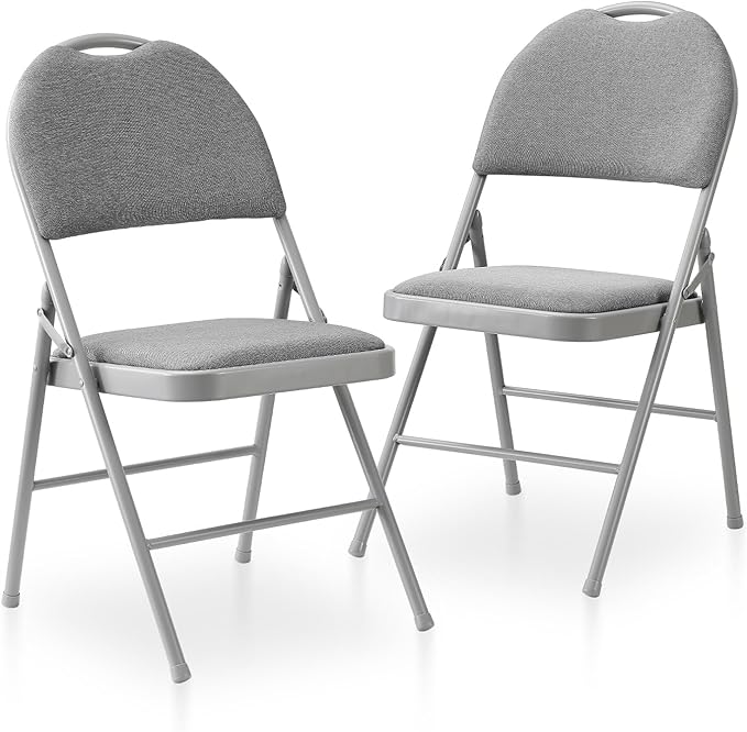 BOOSDEN Folding Chairs Set of 2, Heavy Duty Metal Folding Chairs with Padded Fabric Seats, Big Backrest Foldable Chair for Outdoor & Indoor & Dining & Party, Grey