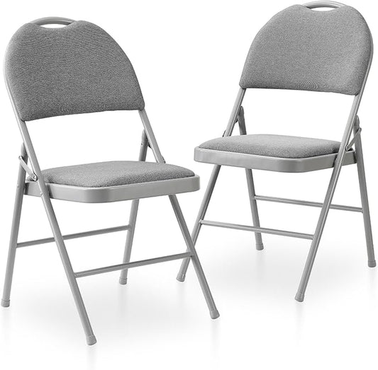 BOOSDEN Folding Chairs Set of 2, Heavy Duty Metal Folding Chairs with Padded Fabric Seats, Big Backrest Foldable Chair for Outdoor & Indoor & Dining & Party, Grey