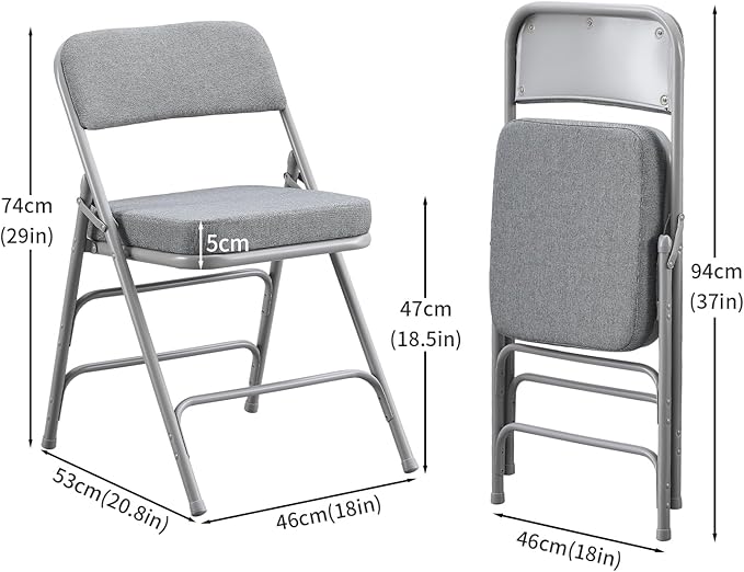BOOSDEN Padded Folding Chair, Foldable Chair with Fabic Thick Cushion, Heavy Duty Metal Folding Chair for Outdoor & Indoor & Dining & Party, Grey