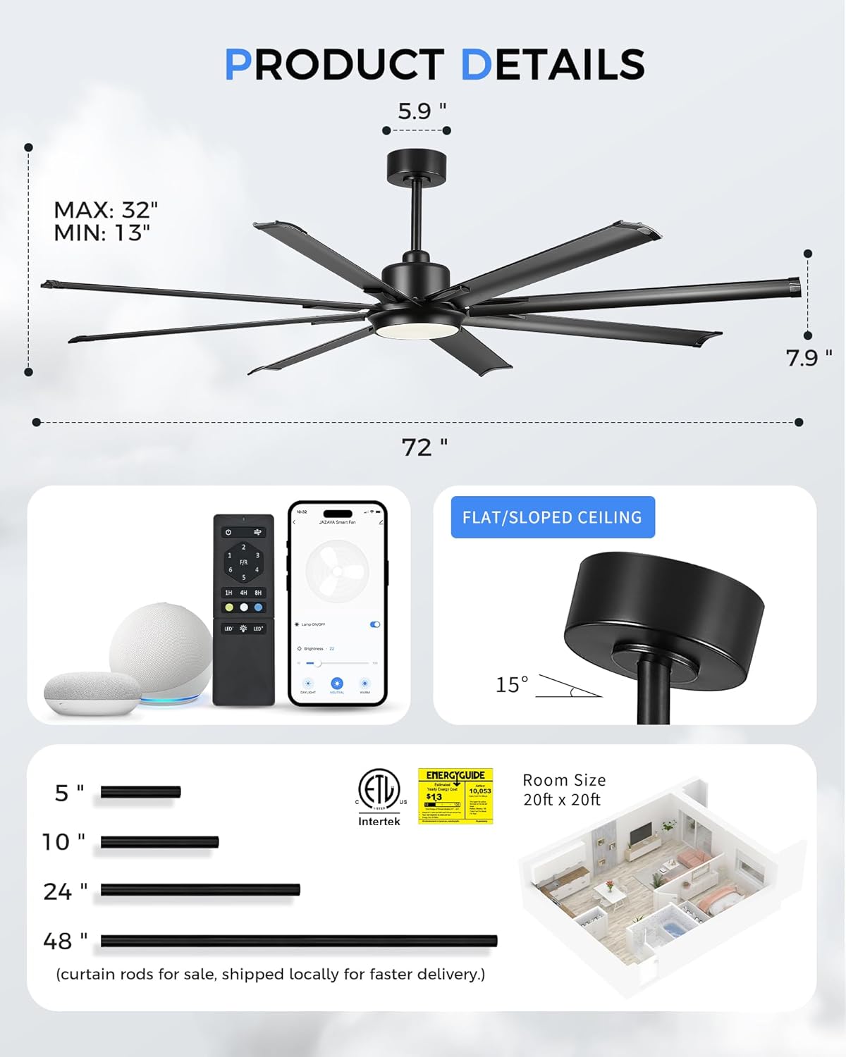 72 Inch Ceiling Fan With Light,Industrial Ceiling Fan With 8 Aluminium Metal Blades,Smart Fan Work with Alexa,Garage Indoor/Outdoor Fan For Living Room and Patio,CF04BK-72