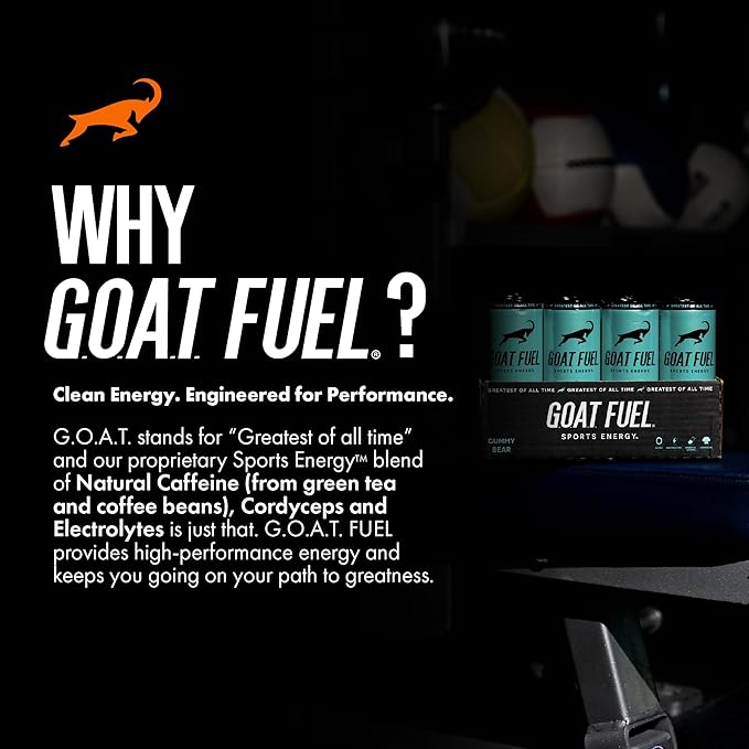 G.O.A.T. Fuel Energy Drink, Co-Founded by Jerry Rice, Natural Caffeine, Electrolytes, BCAAs, Cordyceps Mushrooms & Antioxidants, Light Carbonation Pre Workout, 12 Pack, 12 FL Oz, Gummy Bear