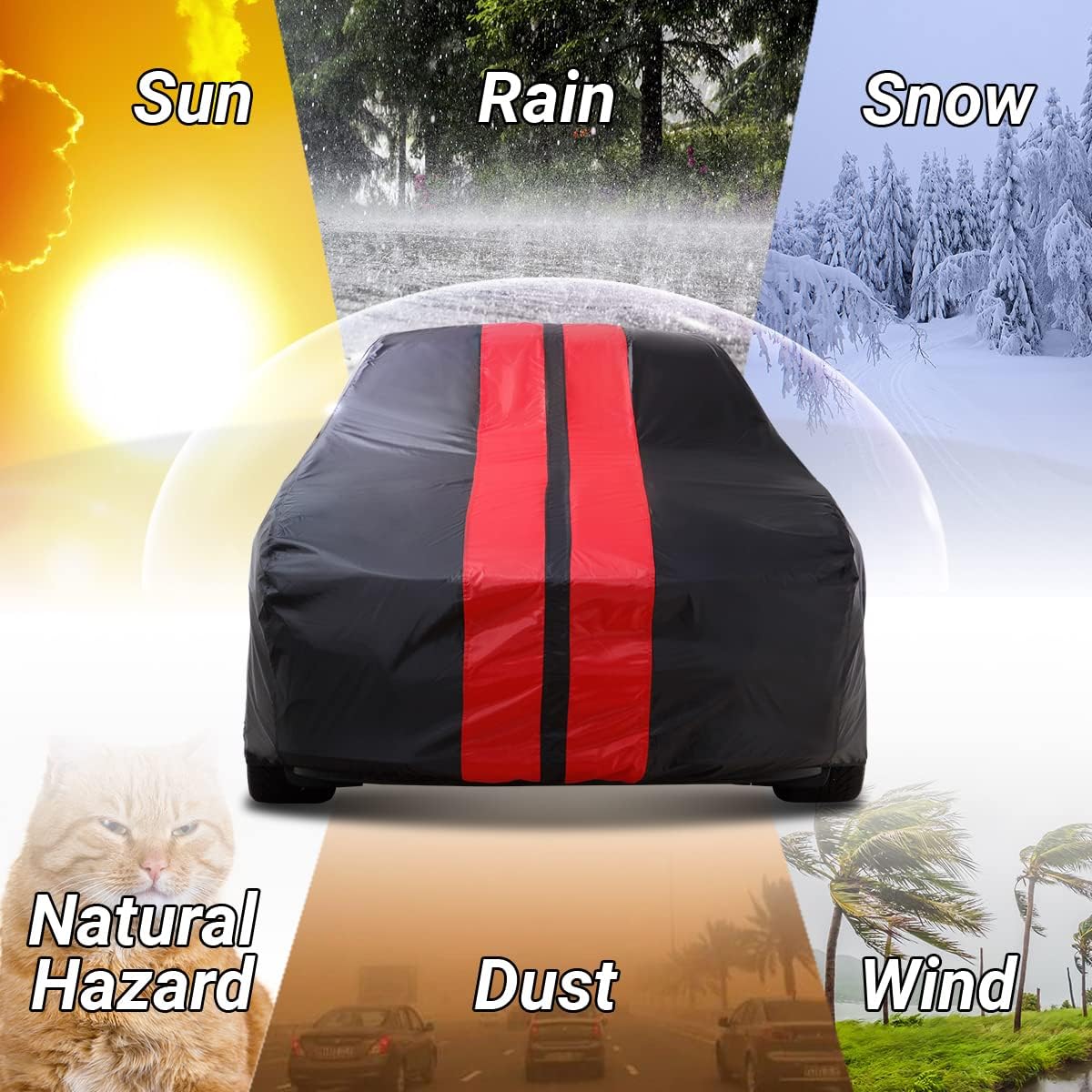 iCarCover Custom Car Cover for 1979-2004 Ford Mustang Waterproof All Weather Rain Snow UV Sun Protector Full Exterior Indoor Outdoor Car Cover (Stripe - Black/Red)