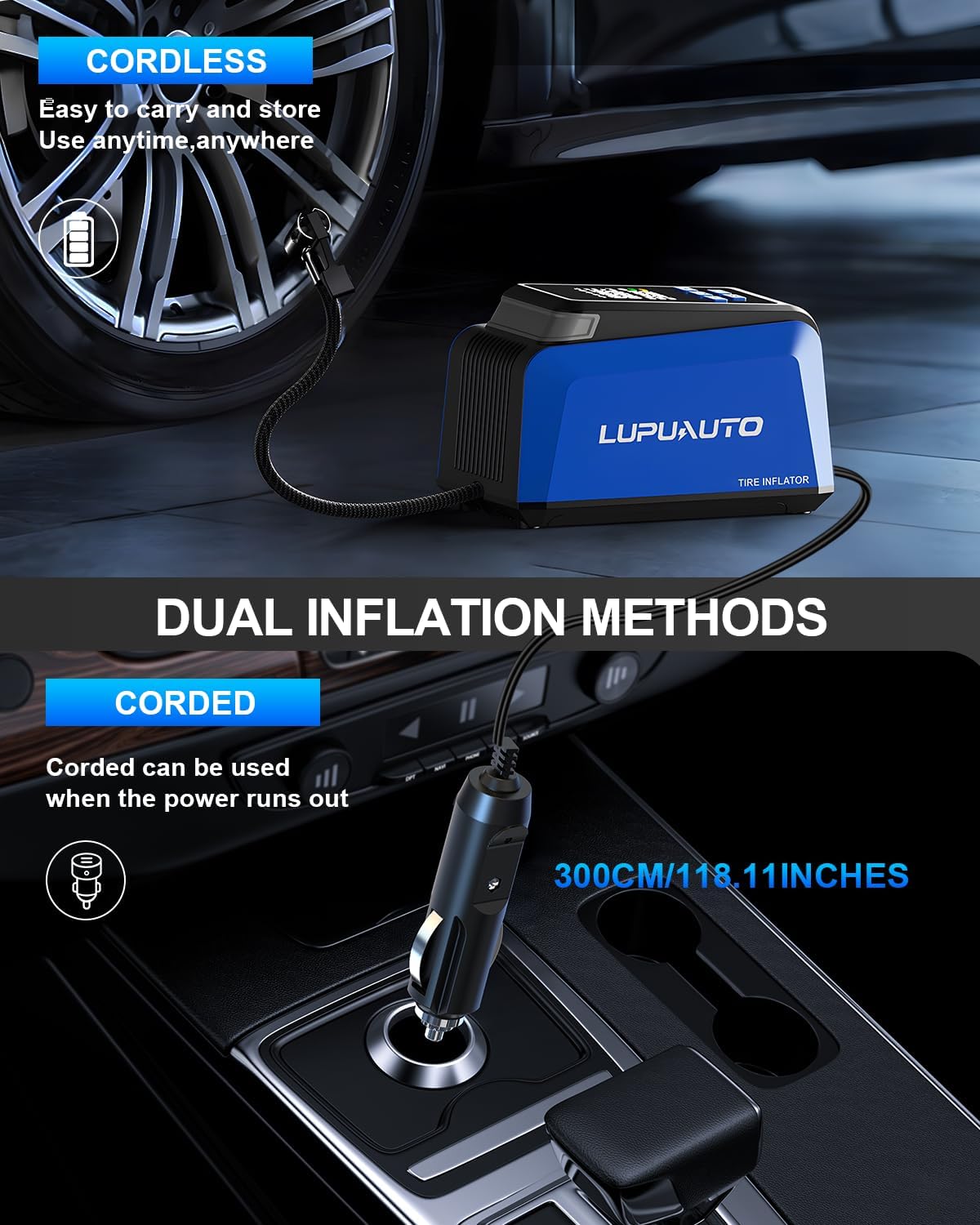 Tire Inflator Portable Air Compressor, 2X Faster Inflation, 150PSI Air Pump for Car Tires with Digital Pressure Gauge/LED Light for Car, Motorcycle, Bicycle, Balls and More