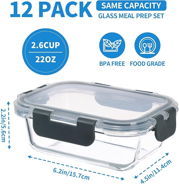 12 Pack 22oz Glass Meal Prep Containers, Food Storage Containers with Lids, Air-Tight, Leak-Resistant, Freezer to Microwave Safe - Grey Set