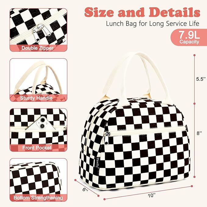 FlowFly Lunch Bag for Women Insulated Lunch Box Corduroy Lunch Tote Cooler for Travel Work Picnic,Corduroy Plaid Black