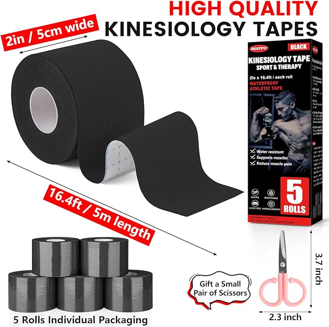 5 Rolls Kinesiology Tape, 2 inch x 16.4 Feet Waterproof Athletic Tape, Uncut Kinetic Tape, Muscle Tape, Sports Tape, Knee Tape for Exercise and Daily Use - Black