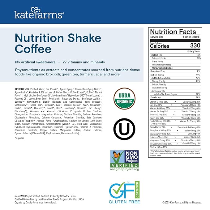 KATE FARMS Organic Nutrition Shake, Coffee, 16g protein, 27 Vitamins and Minerals, Protein Meal Replacement Drink, Plant Based, 11 oz (6 Pack)