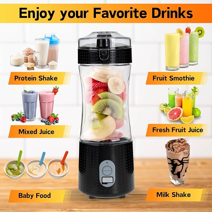 Compuaddict - Personal Blender Shakes and Smoothies 13 OZ Individual Mini Blender USB Rechargeable Fresh Juice Portable Blender Travel Blender (Black)