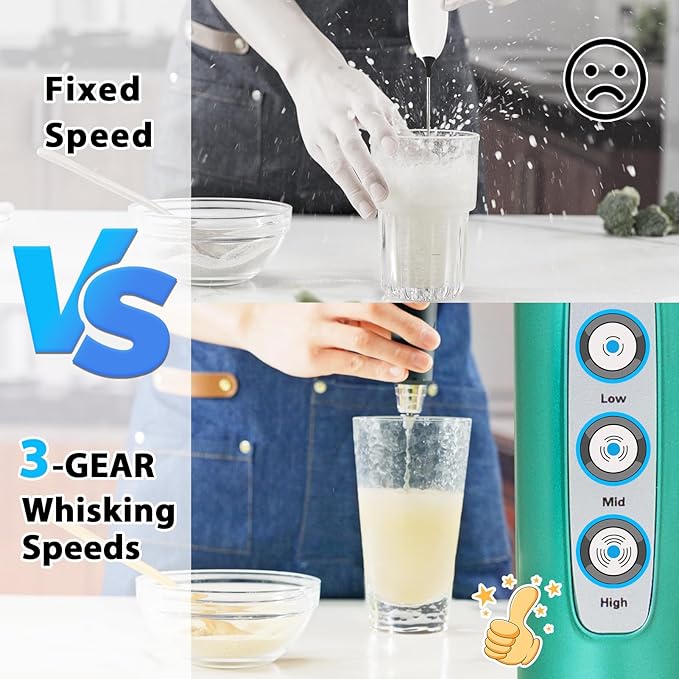 Milk Frother with Stand-Rechargeable Handheld Coffee Frother with 3 Stainless Whisks 3 Speed Adjustable, Electric Whisk Drink Mixer, Foam Maker Blender for Matcha Latte Cappuccino Chocolate