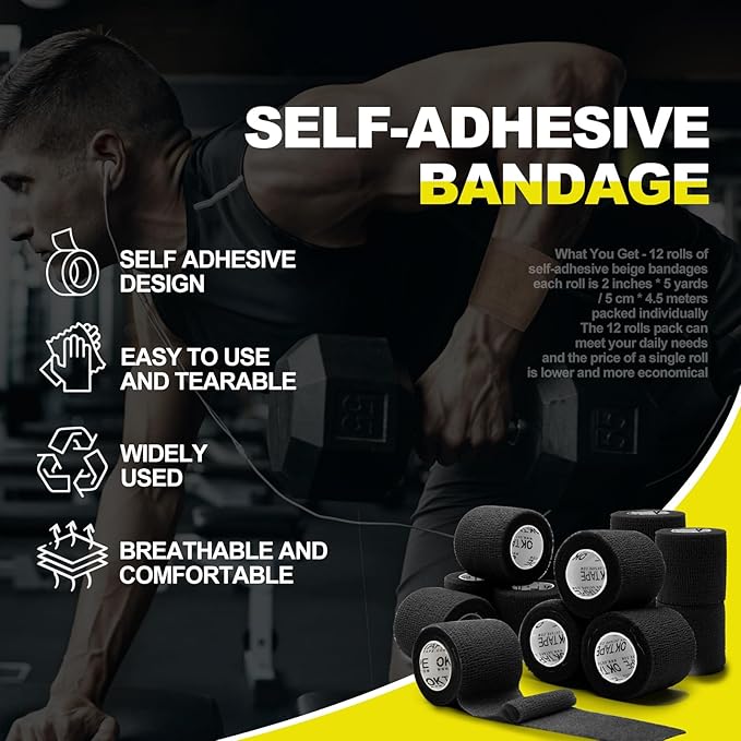 OK TAPE 12 Rolls Self Adhesive Bandage Wrap, Elastic Athletic Tape, Self Stick Bandage Tape, Vet Wrap, Medical Wrap for Wrist, Feet, 2" x 5 Yards - Black