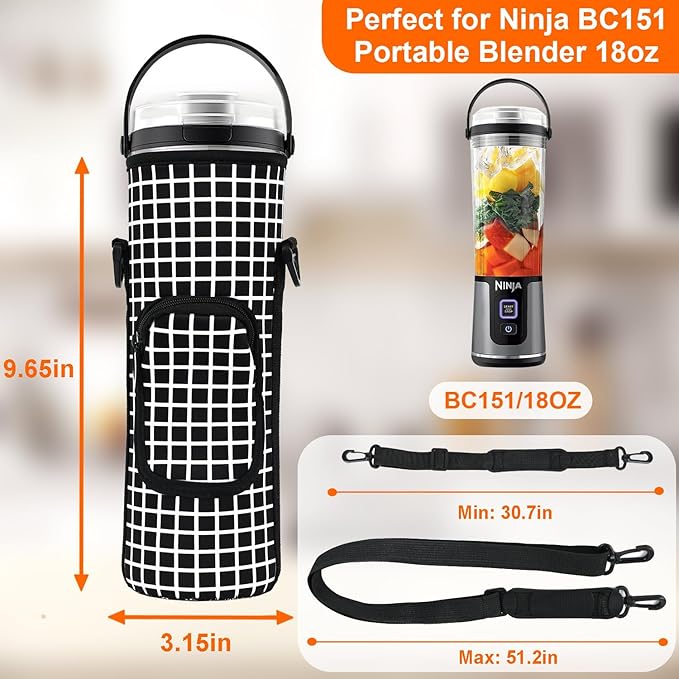 Storage Bag for Ninja Portable Blender Dust Cover Sleeve with Adjustable Shoulder for Ninja BC151NV/BC51NV/BC151BK/BC151CR/BC151EM/ BC151PR/BC151WH/BC155PS Blast Portable Blender (Check)