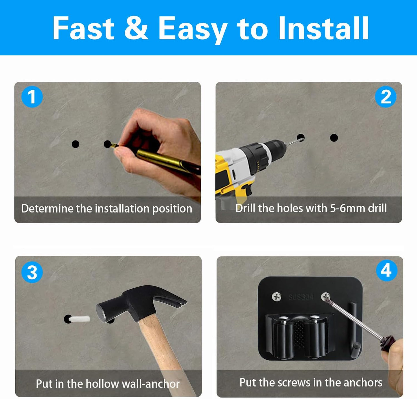 5 Pack Broom Holder Heavy Duty Stainless Steel Broom Hanger with Hooks Screw Drilling Rust Resistant Mop and Broom Holder Wall Mount for Bathroom Kitchen Laundry Room Garage - Black