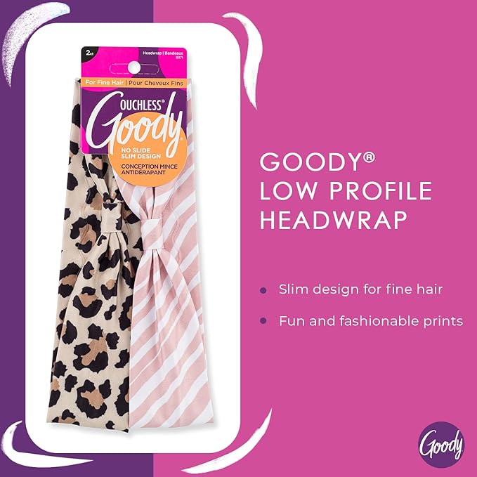 Goody Low Profile Headwraps - 2 Count, Cheetah & Stripe - Comfortable and Stylish Fabric Won't Pull, Snag or Damage Your Hair - Pain-Free Hair Accessories for Women, Men, Boys, and Girls