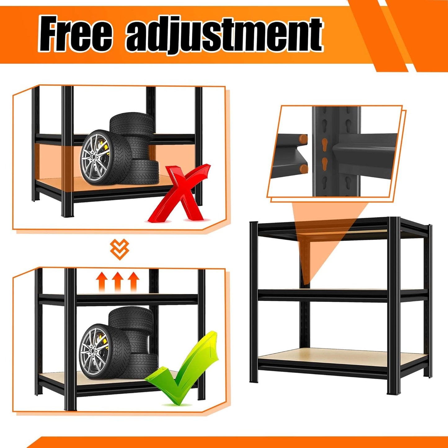 Garage Shelving, 3-Tier Adjustable Storage Shelves, Metal & Wood Pantry Shelf Organizer, Modern Garage Shelving Unit, Utility Storage, 29" W x 30" H x 12" D