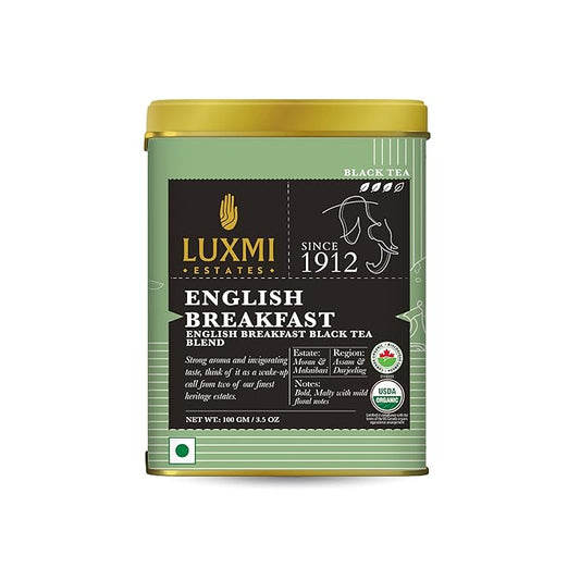 Luxmi Estates - Tale of Two Estates - Organic English Breakfast Tea - Loose Leaf - 100g (50 Cups) | Made with Organic Darjeeling & Assam Tea from India | Smooth, Flavorful, Robust and Caffeinated