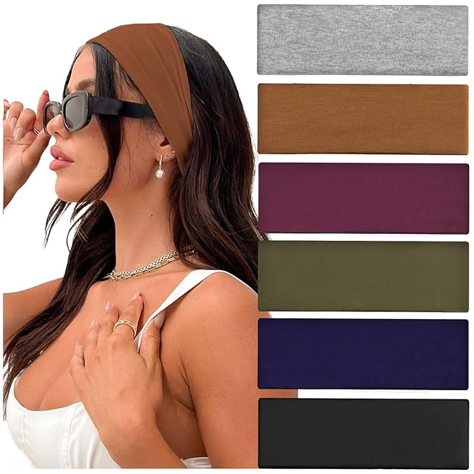 IVARYSS Workout Headbands for Women Non Slip, Premium Stretchy Soft Fabric Head Bands for Women's Hair, Wear for Yoga, Running, Sport, 6 Pack, Solid Color