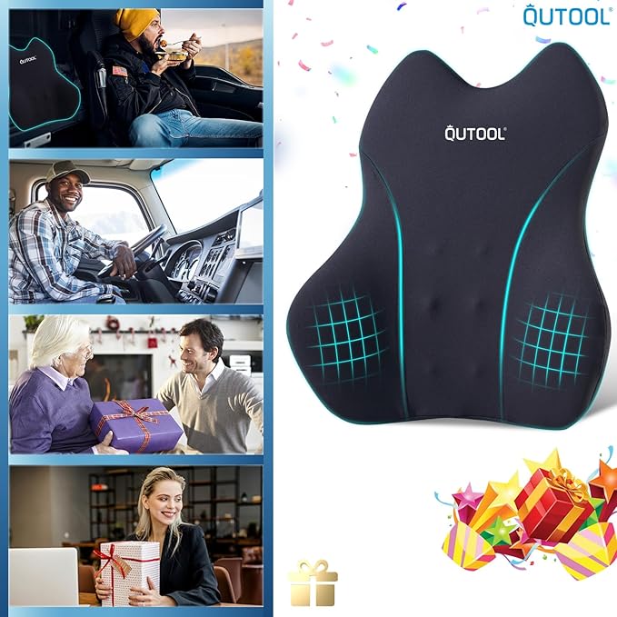 QUTOOL Lumbar Support Pillow for Car/Office Chair, Memory Foam Back Cushion for Car Seat, Back Pain Relief Adjustable Strap and Washable Cover, Lower Back Pillow Fits Most Cars, Trucks (Black)