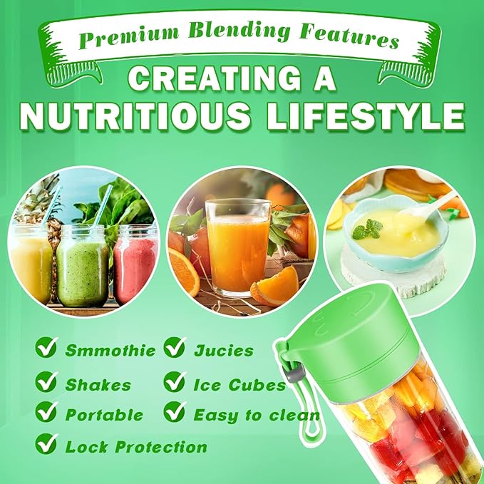 Cordless Portable Personal Size Blender - Make Smoothies and Shakes, Powerful Blending Easy-to-Clean Mini Blender, Great for Kitchen, Home, Party, Travel, Outdoor, Green