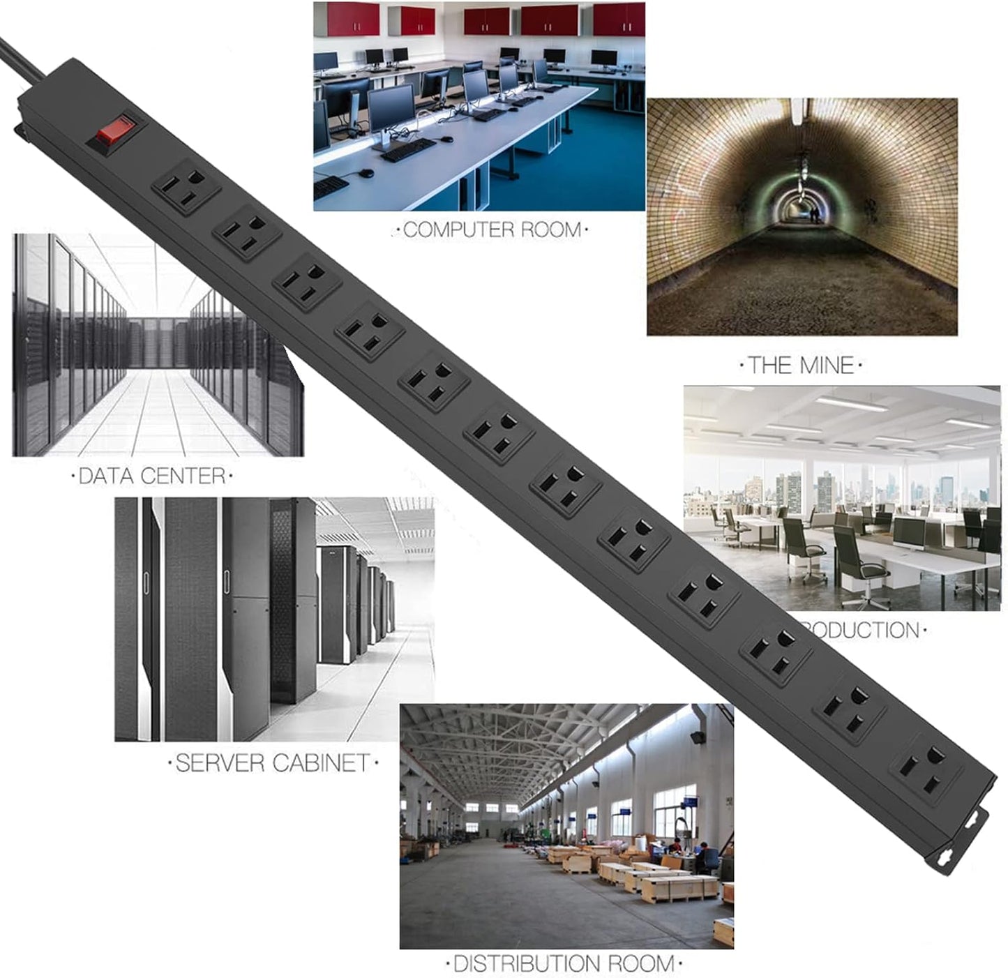 HHSOET Aluminum Wall Mount Power Strip - 12 AC Outlets, 15 FT Cord, 15A 125V Switch