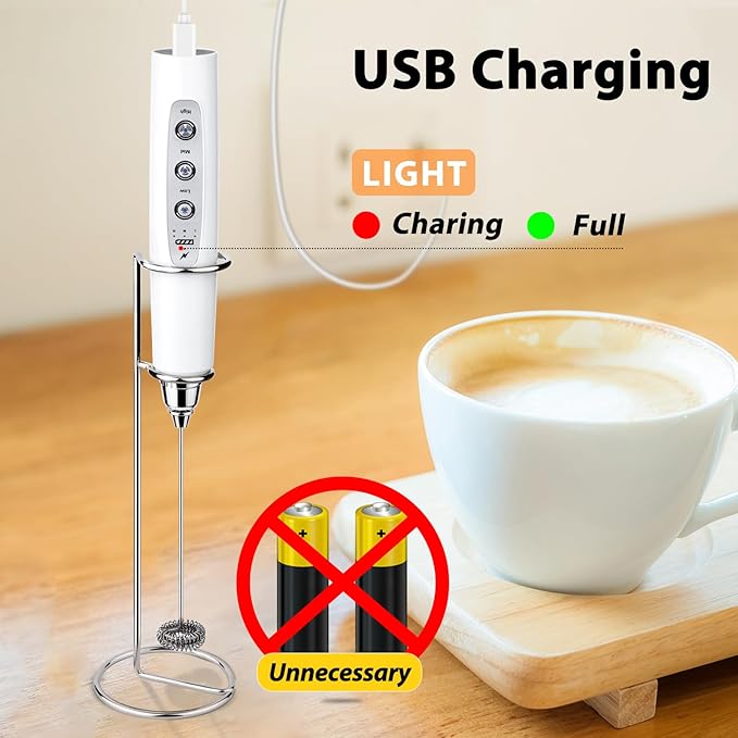 Milk Frother with Stand Rechargeable-Handheld Coffee Frother with 3 Stainless Whisks 3 Speed Adjustable, Electric Whisk Drink Mixer, Foam Maker Blender for Matcha Latte Cappuccino Chocolate