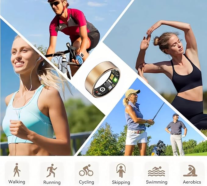 Smart Wellness Ring, Stylish Fitness Tracker with Heart Rate, Blood Oxygen, Blood Pressure, Sleep & Step Monitor. IP68 Waterproof, No Subscription, iOS & Android Compatible (Gold, 10)