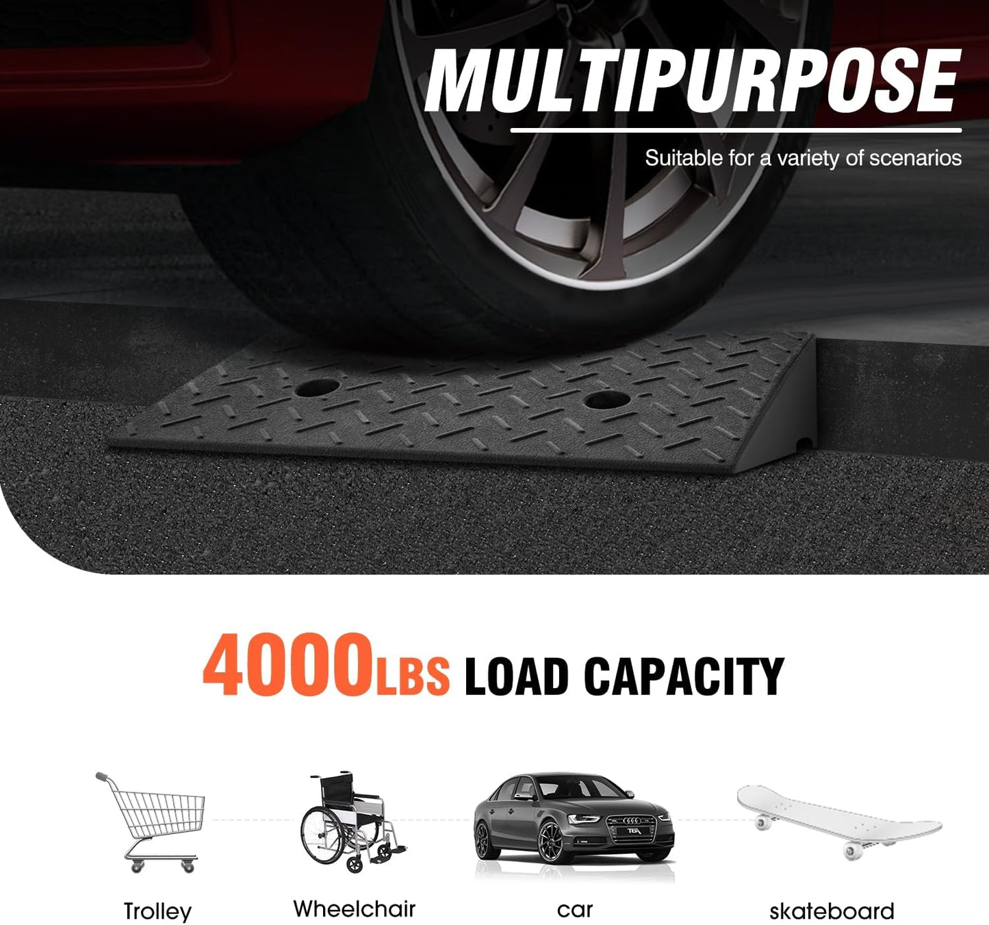 DNA MOTORING 2pcs 4.3" Rise Rubber Curb Ramp Heavy Duty Loading Driveway Ramp Threshold Ramp 19.5 in L x 11.6 in W x 4.3 in H for Loading Dock, Warehouse, Wheelchair, Motorcycles, Cars, TOOLS-00645
