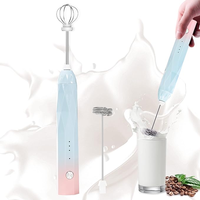Milk Frother Rechargeable Handheld Electric Whisk Coffee Frother Mixer with 2 Stainless whisks 3 Speed Adjustable Foam Maker Blender for Coffee Matcha Latte Cappuccino Hot Chocolate (BluePink)