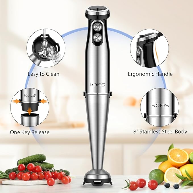 KOIOS Immersion Blender, 1000W Anti-scratch 3-in-1 Hand Blender, Upgraded 12 Speed Stainless Steel Blade Stick Blender with Turbo Mode, Whisk and Milk Frother, Non-BPA, Black