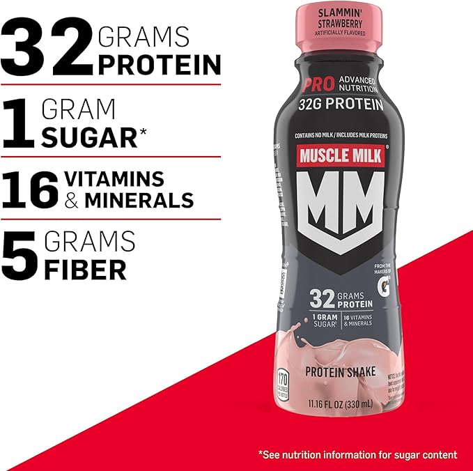 Muscle Milk Pro Advanced Nutrition Protein Shake, Slammin' Strawberry, 11.16 Fl Oz (Pack of 12), 32g Protein, 1g Sugar, 16 Vitamins & Minerals, 5g Fiber