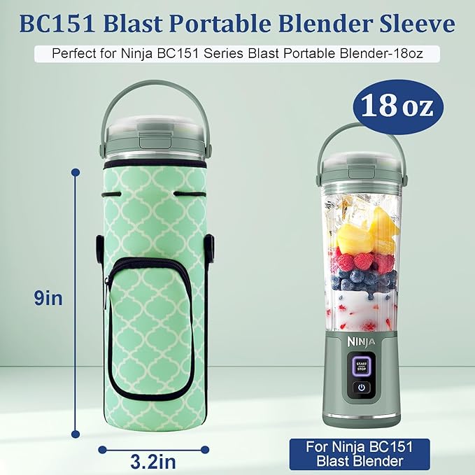 Storage Sleeve Bag for Ninja Blast Portable Blender with Shoulder Strap and Accessory Pocket Compatible with Ninja BC151NV/BC51NV/BC151BK/BC151CR/BC151EM/BC151PR/BC151WH Blast Portable Blender (Green)