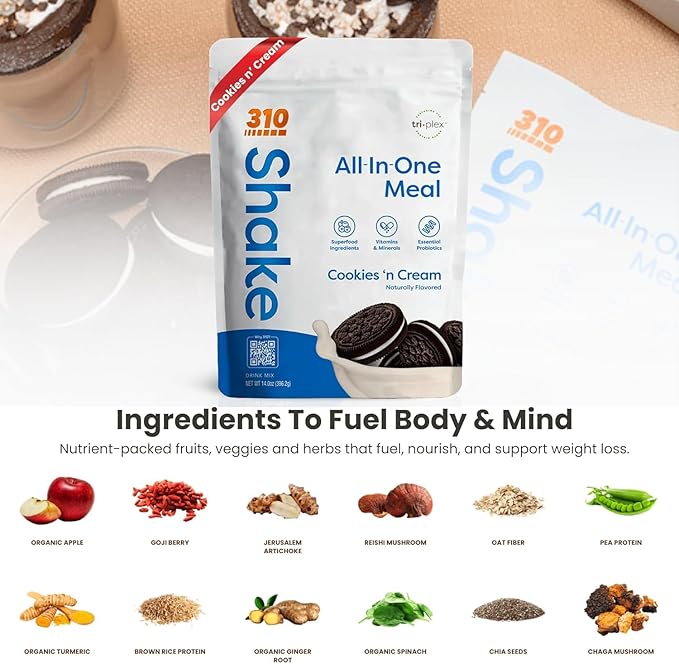 310 Nutrition All-In-One Meal Replacement Shake Powder - Plant-Based Protein Smoothie Blend w/High Fiber, Probiotics & Adaptogens - Low Carb, Vegan, Keto & Paleo Friendly - Cookies N Cream - 14 Srv