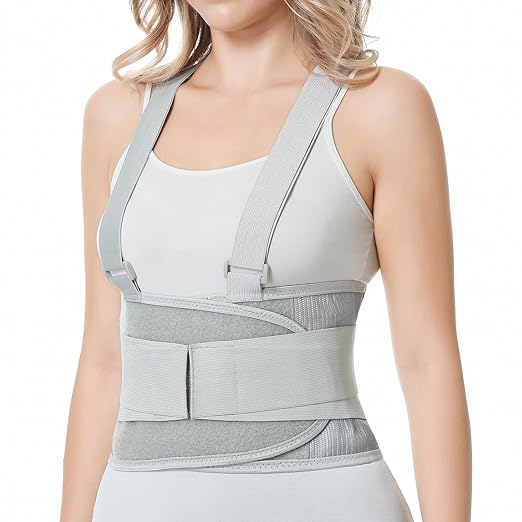 NeoTech Care Back Brace with Suspenders/Shoulder Straps - Light & Breathable - Lumbar Support Belt for Lower Back Pain - Posture, Work, Gym - Grey Color (Size M)