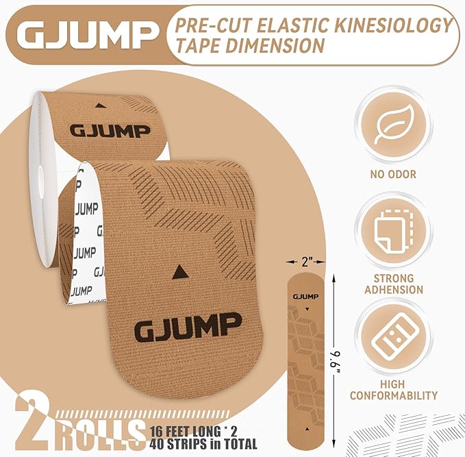 Kinesiology Tape, Original Cotton Elastic Athletic Tape for Muscle Strain Relief & Joint Support, 40 Count Precut Strips 2 Rolls, Waterproof & Breathable Sports Tape for Support and Recovery