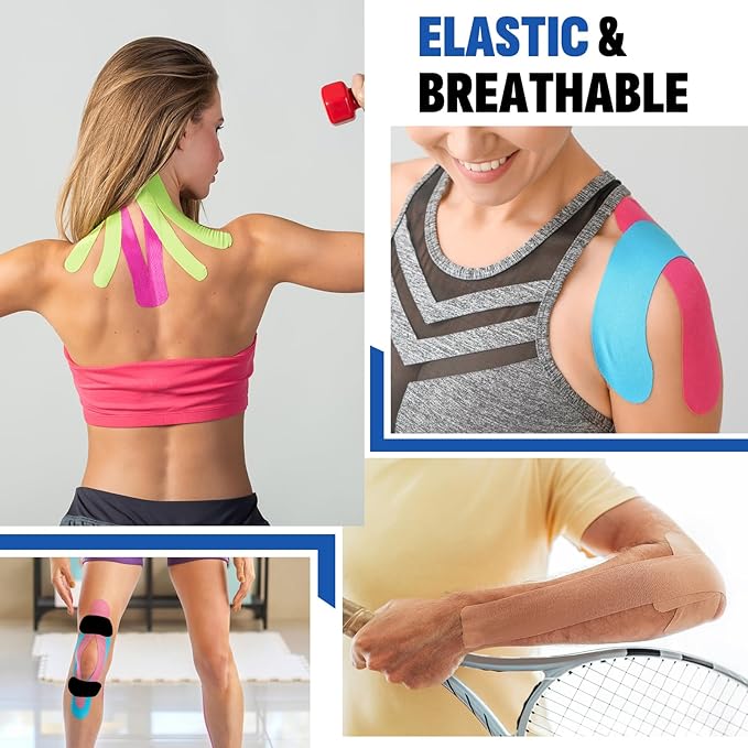 60PCS Precut Kinesiology Tape Strips, 6 Colors 2 inch x 10 inch Cotton Athletic Tape, Kinetic Tape, Elastic Muscle Tape, Sports Tape, Knee Tape for Exercise and Daily Use