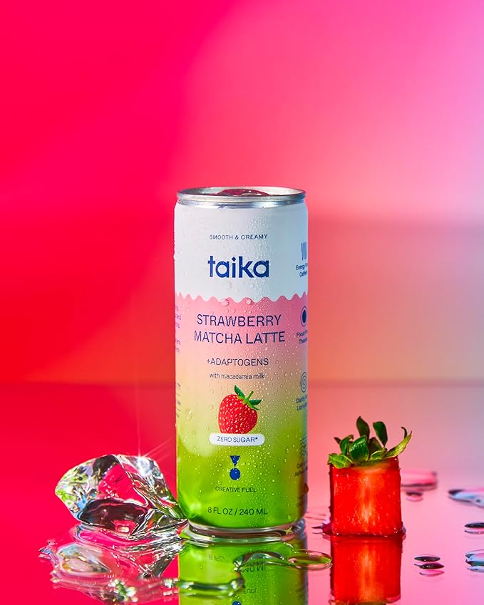 Taika Strawberry Matcha Latte - Ready to Drink Hot & Cold Brew Strawberry Matcha Latte in Cans - Organic Ceremonial Grade Matcha w/Ashwagandha, Lions Mane, & L-Theanine - 8 Fl Oz (Pack of 12) (8 Fl Oz (Pack of 12), Strawberry Matcha Latte)