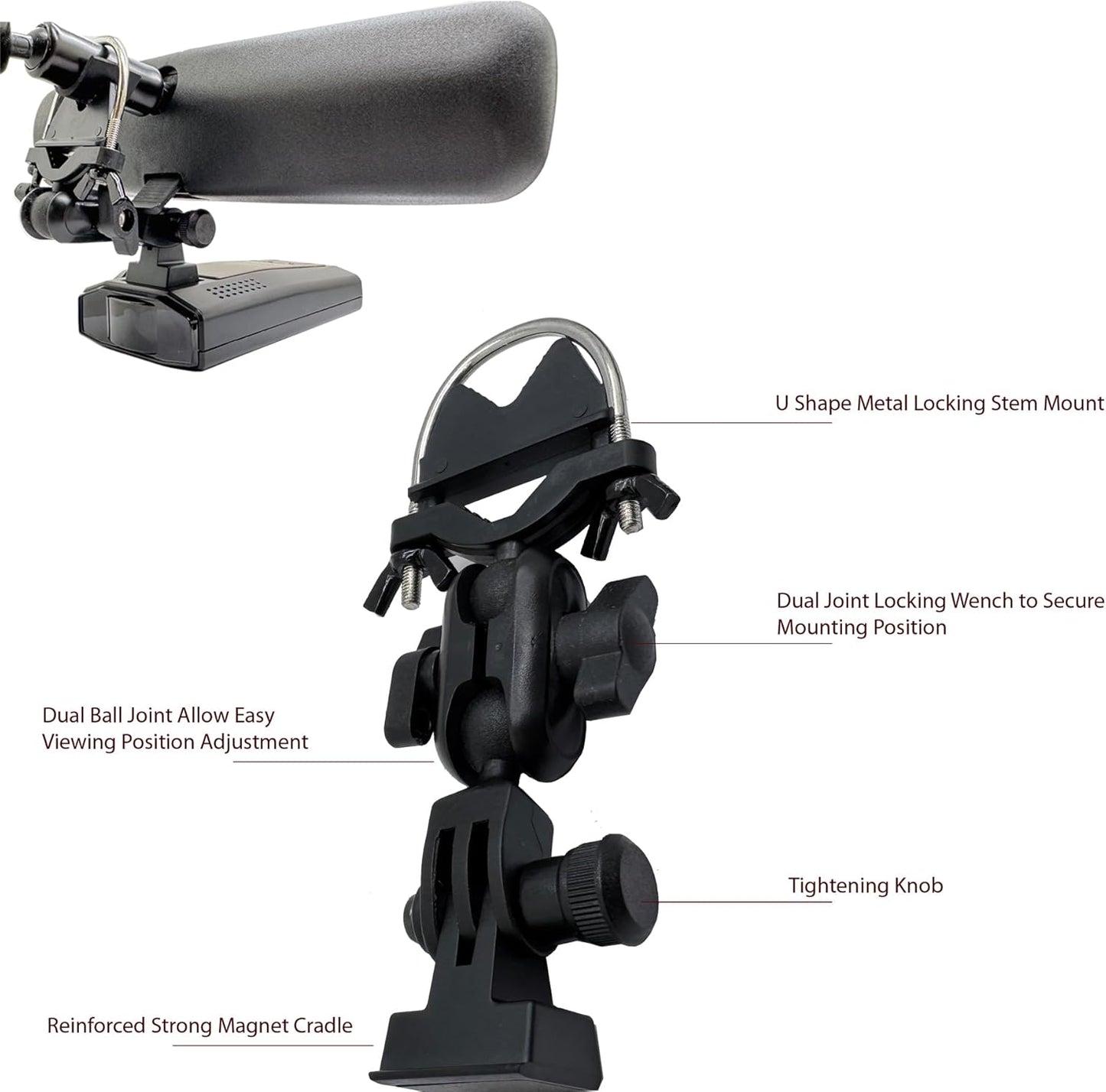 Newly Revised M1 M2 Camera Compatible - UBolt Rearview Mirror Stem Mount w/Magnetic Cradle for Escort IX IXc Max360C MKII Max3 Max4 MaxCam Redline EX GT360 Cobra DualPro RAD700i Radar Detectors