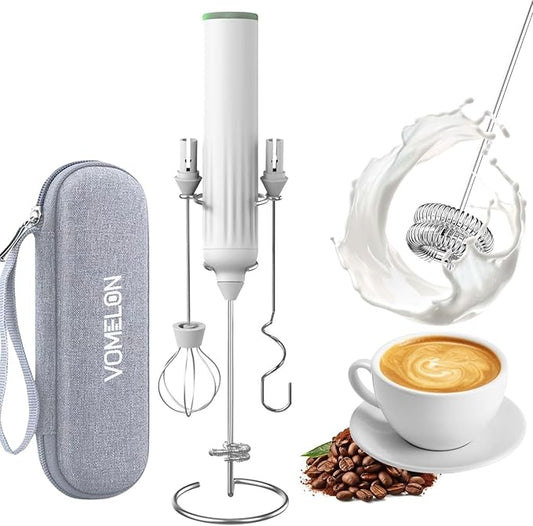 Milk Frother Handheld with 3 Stainless Steel Whisks, Rechargeable Electric Drink Mixer with Stand & Travel Case, Milk Foamer for Coffee, Latte, Cappuccino, Hot Chocolate, Egg,Jam Supplement-White