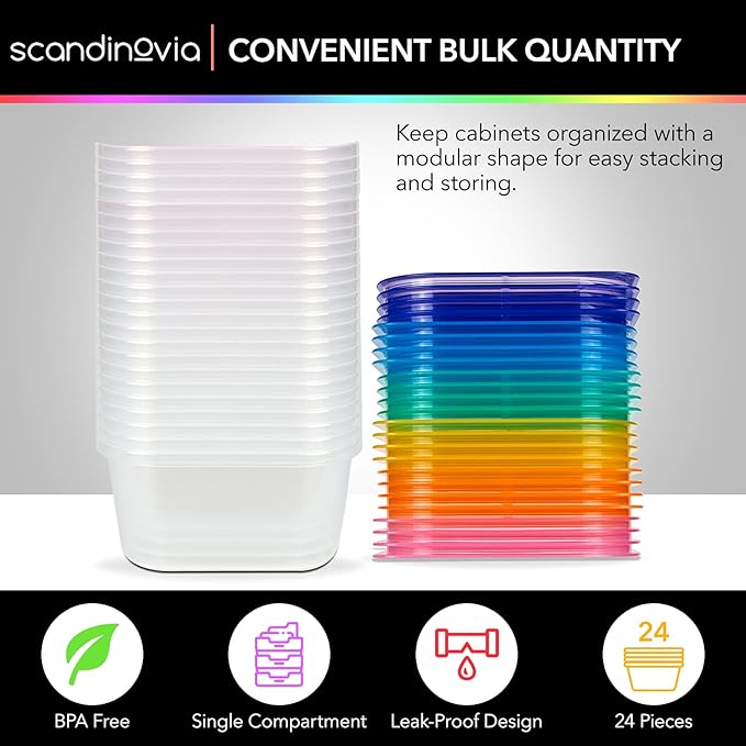 SCANDINOVIA - 25 oz Food Storage Containers with Lids - 24 sets - Dry & Hot Plastic Meal Prep - BPA Free Bento Box - Dishwasher, Microwave and Freezer Safe Stackable Clear Rectangle Bowls