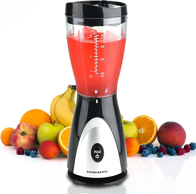 OVENTE Portable Personal Blender for Shakes, Smoothies or Frozen Drinks with 13.5 Oz BPA Free Travel Cup and Lid, Durable Stainless Steel Blades for Powerful Blending Performance, Black BLH1001B