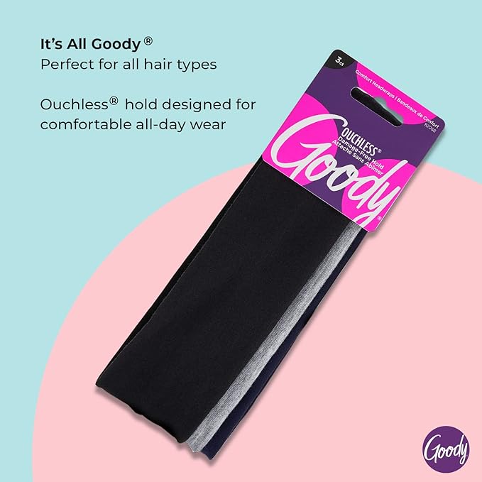 Goody Ouchless Comfort Head Wraps - 3 Ct, Black/Grey, Soft & Stretchy Fabric Headbands for Women & Men, Secure Hold Yoga, Workout Headband, Versatile Hair Accessories for All-Day Wear, All Hair Types