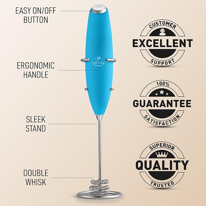 Zulay Kitchen Tornado Whisk Milk Frother with 4 AA Duracell Batteries - Triple Whisk for More Power - Handheld Coffee Frother with Stand - Drink Mixer for Lattes, Matcha & Protein Shakes