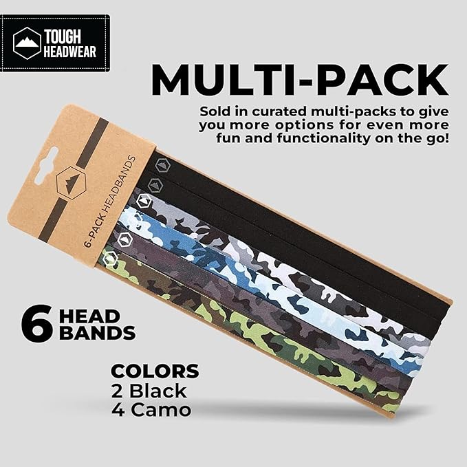 Tough Headwear Thin Elastic Headbands for Men - Sports Hair Head Band for Women & Men - Non Slip Mens Workout Headband - Running or Soccer Headband - 6-Pack