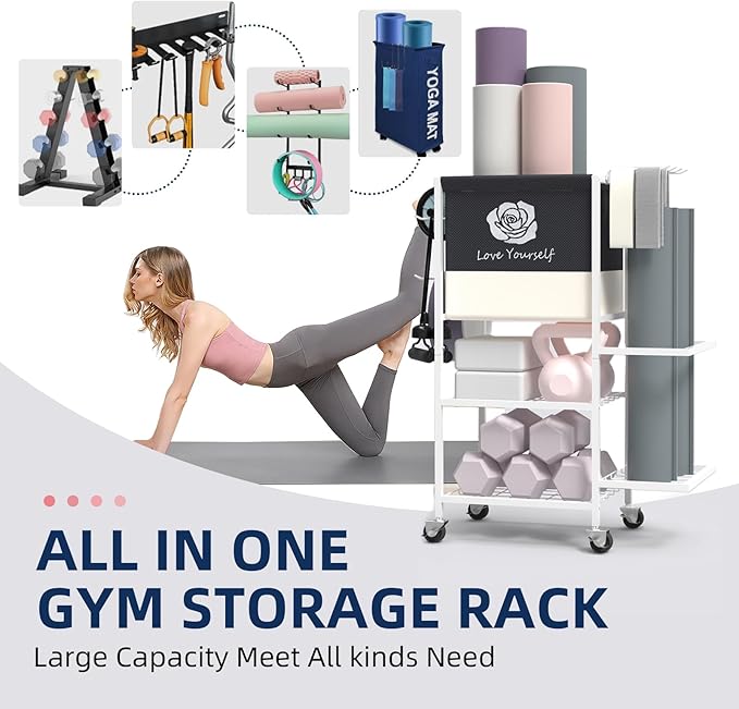 Yoga Mat Storage Rack,Home Gym Storage Rack Gym Workout Equipment Storage Organizer Fitness Weight Rack on Wheels for Yoga Mat,Yoga Block,Foam Roller,Resistance Band,Dumbbell,Kettlebell and Other Workout Accessories